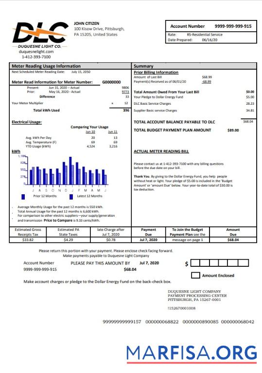 Blank USA Pennsylvania Duquesne light utility bill template in Word and PDF format